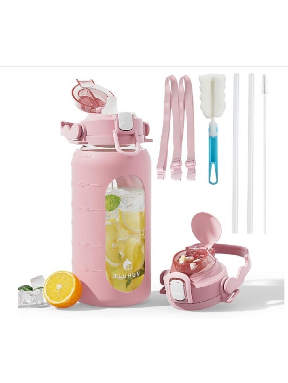 64oz GlassWaterBottleStrawLid&Handle, SiliconeSleeve&Strap